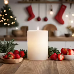 there is a candle and some strawberries on the table