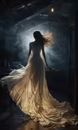 a woman walking into a room with fog all around her