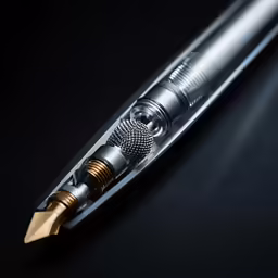 a metal pen on a black surface with its gold tip