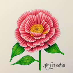 an image of a large pink flower on a white sheet,this painting depicts the blooming of a pink flower with green leaves,a drawing of pink flower with green leaves,an artistic drawing of a pink flower with green leaves,a drawing of a pink flower with green leaves