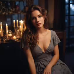 a young woman sitting in a chair near candles