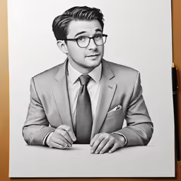a drawing of a man wearing glasses sitting at a table