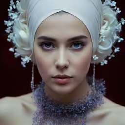 a woman with a white turban is staring at the camera