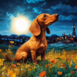 a dog in the field is looking at the sky
