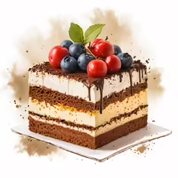 an artistic illustration of a slice of cake with berries on top