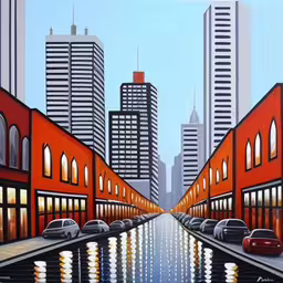 a painting of a river with parked cars