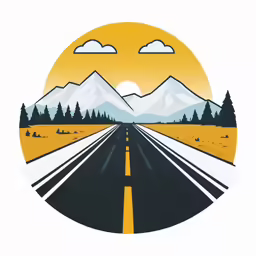 a cartoon style photo of a highway going to the mountains