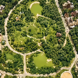 a view from a plane shows a circular park surrounded by trees and houses