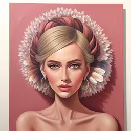 a painting with a female head wearing a white wreath,a painting depicting a young woman with bun hairs,a painting of a woman with earrings, pink background,a woman with earrings stands in front of a painting,a painting of a woman in large white feathered earrings