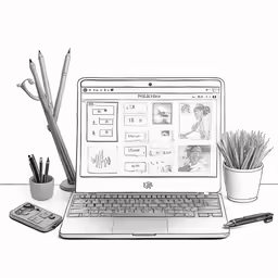 black and white image of a laptop with pen, brush, paper and phone