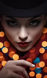 woman wearing red and black with hat, scarf, and tie