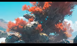 an orange tree with bushes and rocks
