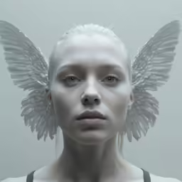 a white woman with angel wings on her head