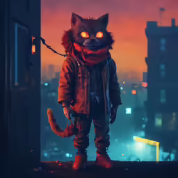 a cat with glowing eyes and a backpack on standing in front of a doorway