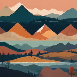 a poster with a mountain view and a lake,an abstract painting of mountains and trees with sunsets