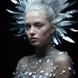 a girl with white feathers and feather dress