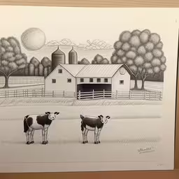two cows standing in a field near a barn