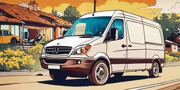 a van driving down a rural country road,a white van drives down the road past homes