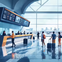 a group of people in an airport getting ready to board