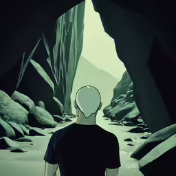 a man looking out into the valley from inside a cave