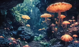 some mushrooms that are sitting in the dark