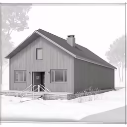 black and white photo of a building on snow covered ground