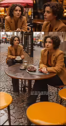 the woman is sitting at the table drinking a cup of coffee