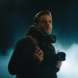 a man in a black jacket holding a camera