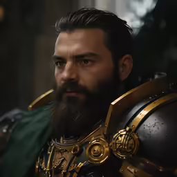 a man in a golden armor stares to his left