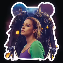 a girl standing in front of a large robot head