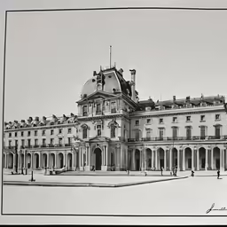 drawing of a building in a black and white photo