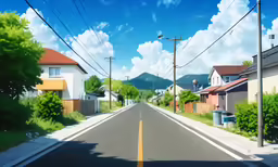 an illustration of a residential street with hills in the background