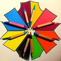 the colorful drawing includes a colored umbrella with different color pencils,there is a circle of different colored pencils in each,a rainbow colored object holding two pencils in it,colorful umbrella shaped paper with different colored pencils,several colored pencils are in a shape of a flower