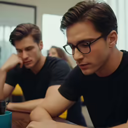 two men sitting at a table in front of a laptop