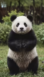 a panda bear sits on top of some grass and looks at the camera