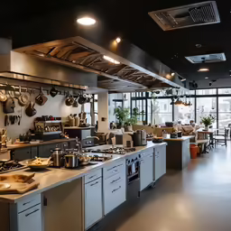 a long room with counters and appliances that is mostly open