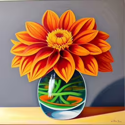 painting of flower in a vase on a table,there is an artwork in the foreground of this picture,an art work depicting a large flower with multiple stems in a blue bowl,this is a beautiful bright orange flower in a vase,a painting of a flower in a blue bowl