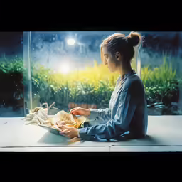 a girl that is sitting down and eating something