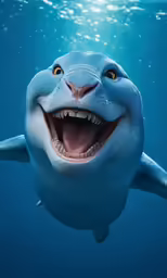 the smiling dolphin swims close to the surface