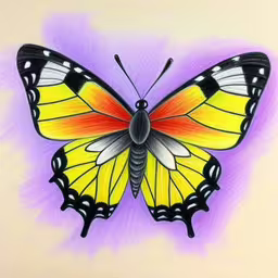 a butterfly sitting on top of a purple surface,a drawing of a yellow butterfly,this drawing of a butterfly is of different colors,an image of a yellow butterfly on a purple background,a drawing of a colorful butterfly on a light background