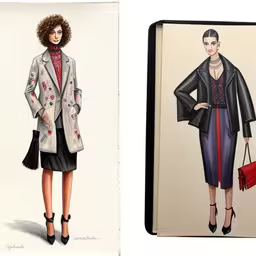 two fashion illustrations are shown in this book,two different colored fashion illustrations with woman in coats,two pictures of a woman in fashionable clothes,a fashion drawing of a woman