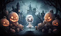 a girl is in a dark, scary area surrounded by creepy pumpkins