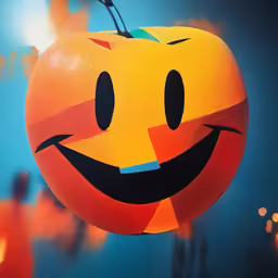 an apple shaped like a smiling pumpkin on display