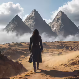 a person walking on the desert in front of a large mountain range