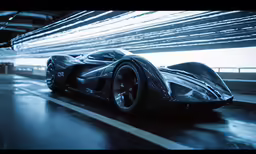 a car is shown in the rain with the lights behind it