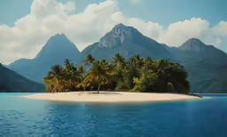 a beach area with palm trees and mountains in the background