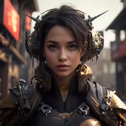 the character in bio girl with spiked hair and horns, staring at the camera