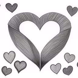 some very pretty drawing i made that is in pencil,a drawing with many hearts drawn on it,a heart with several smaller hearts surrounding it,heart drawing with a pencil in it,an image of hearts drawn in charcoal pencil