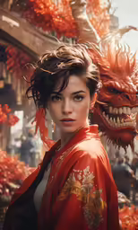 a young woman in chinese attire with a dragon head