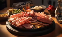 several types of meat sitting on plates on a table